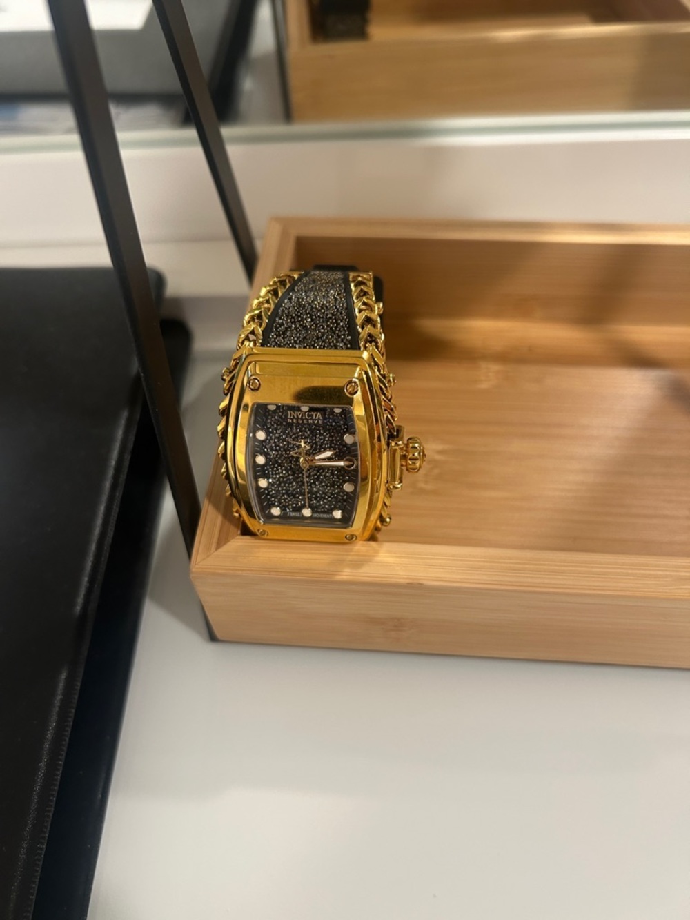 Invicta Gold-Tone Watch with Black  Glitter Dial and Black Sparkle Strap
